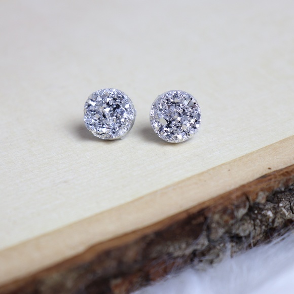 Handmade Jewelry - Metallic Silver Faux Druzy Stud Earrings - 12mm